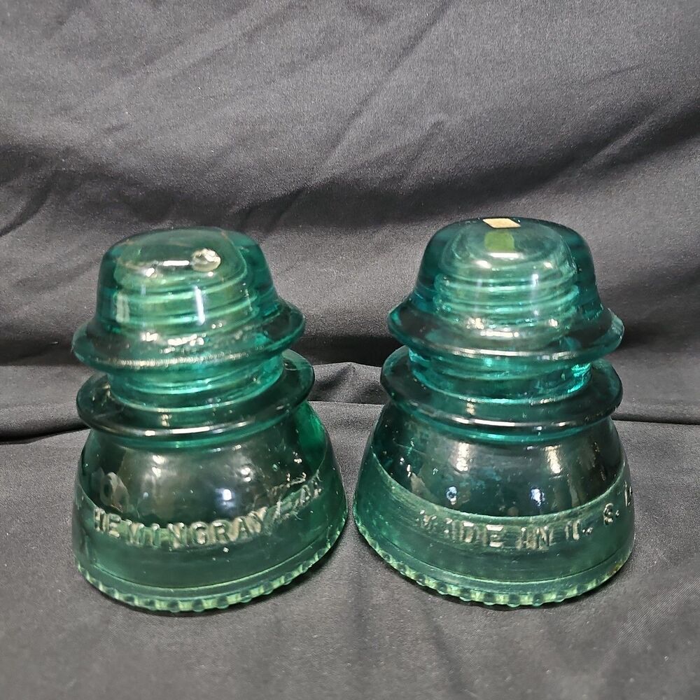 Vintage Hemingray  #42 Glass Insulator Pair - Aqua - Made In USA